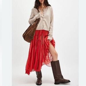 FREE PEOPLE Red Ember Striped Midi Skirt NWT Size Large